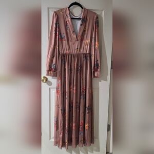 Elegant Floral V-Neck Long Sleeve Dress Size L